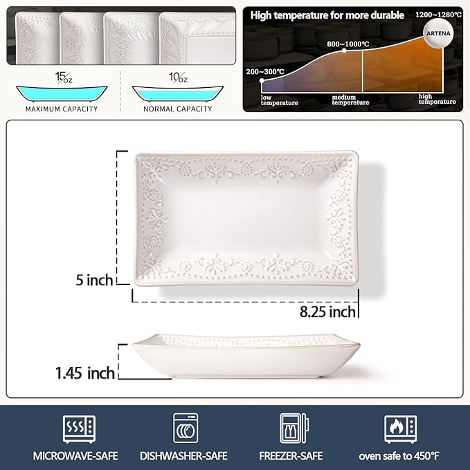 Artena Ceramic 8.25 Inch Rectangle Salad Plates Set of 4 - Deep Plates for Appetizer, Dessert, Dinner, Sushi, Snack, Pasta, Serving - Microwave Safe with Embossed Rim Design (Multiple Patterns)