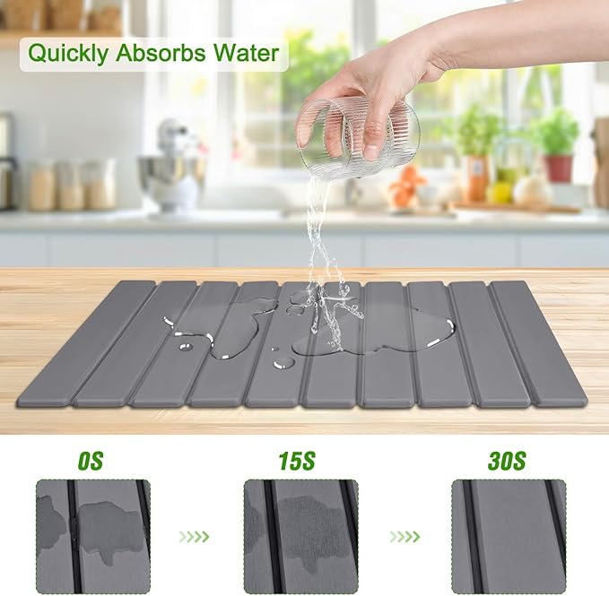 Foldable Stone Dish Drying Mat for Kitchen Counter,24"×16"Fast Dry Pad Absorbent Countertop Mat, Heat-resistant Mat,Diatomaceous Earth Mats,Gray