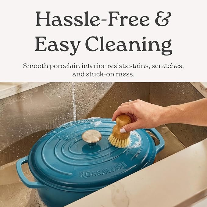 Signature Enameled Cast Iron Oval Dutch Oven | Non-Stick Serving Pot with Tight Fitting Lid for Perfect Roasting, Baking, Sauteing, and Bread Making | 5Q [Ocean Blue]