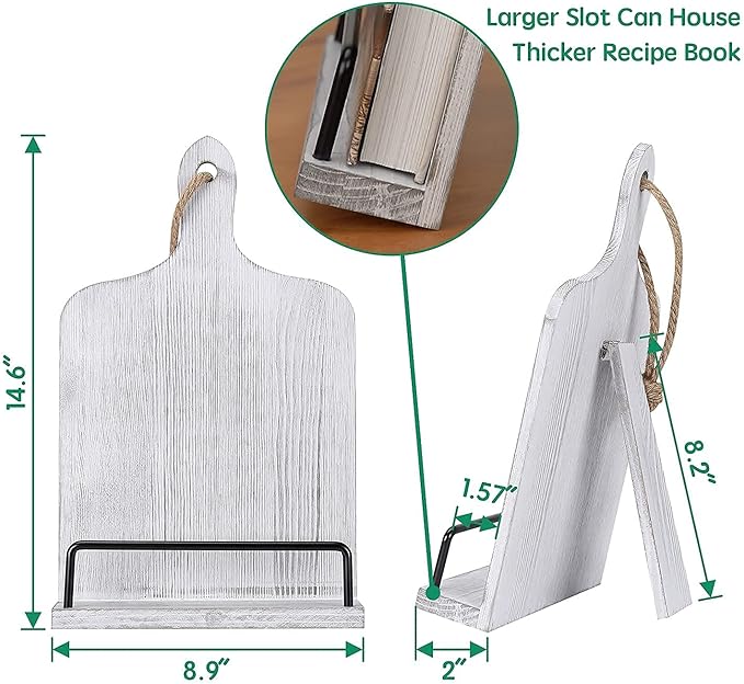 Soligt Cookbook Stand for Kitchen Counter Adjustable Recipe Book Holder Rustic Wood Cutting Board Style - White