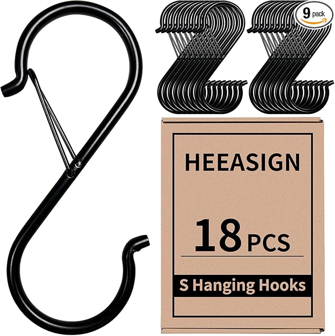 S Hooks for Hanging, 3.5 inch Heavy Duty S Hook of Metal for Clothes Rails, Closet Hooks with 0.5-inch Safety Buckle, S Hook for Hanging Plants, Kitchen Utensil, Pots, Pans, Bags (18 PCS)