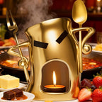 Ceramic Fondue Cup Set w/Built-In Fork & Spoon - Mini Chocolate/Cheese Fondue Mug | Microwave & Dishwasher Safe | Compact Gift-Ready (Gold)