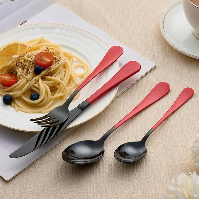 20-Piece Black and Purple Stainless Steel Flatware Set - 4 Dinner Knives, Forks, Spoons, Salad / Dessert Teaspoons - Dishwasher Safe