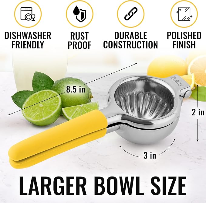 Zulay Lemon Squeezer Stainless Steel with Premium Heavy Duty Solid Metal Squeezer Bowl and Food Grade Silicone Handles - Large Manual Citrus Press Juicer and Lime Squeezer Stainless Steel (Yellow)