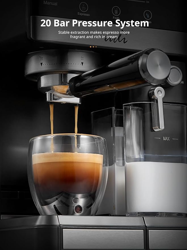 UDI Espresso Machine, 20 Bar Cappuccino & Latte Coffee Maker with Automatic Milk Frother, Auto or Manual Quick Brew Dual Boiler, Touchscreen Espresso Maker, Black