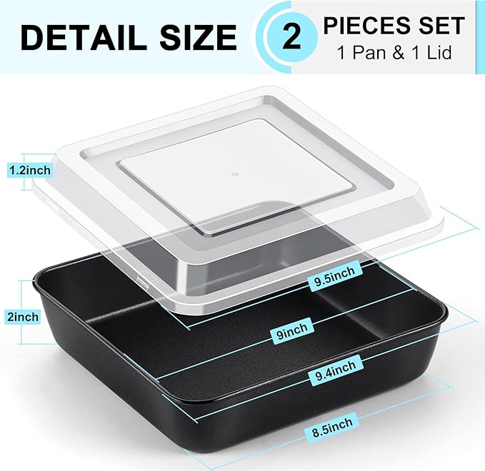 P&P CHEF Square Baking Pan with Lid, Nonstick Stainless Steel Square Cake Pan and Plastic Lid, Black Bakeware Tin for Lasagna Brownies, Sturdy & Easy Clean, (9 Inch, 2Pcs)