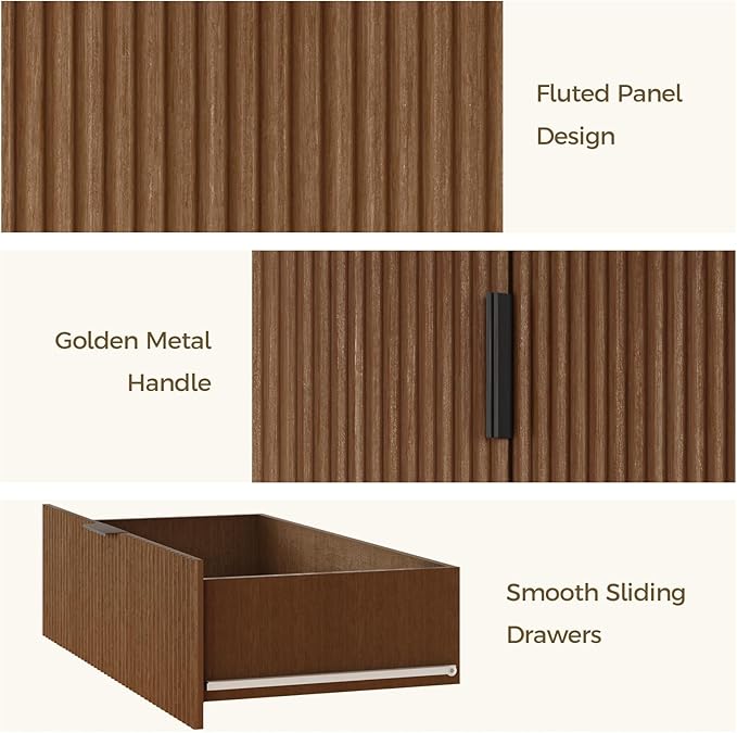 Tall Kitchen Cabinet, Pantry Cabinet with 3 Drawers 2 Doors, Storage Cabinets with Doors, Wood Cupboard with Fluted Panel Design, Tall Fluted Cabinets for Living Room, Kitchen, Walnut