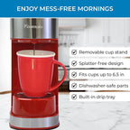 Koolatron Kenmore Single Serve Coffee Maker & Stainless Steel Travel Mug, Capsule/Pod & Ground Coffee Brewing, K Cup Compatible, Hot & Iced Coffee Machine, 6 to 14 Oz Brew Sizes, Auto Shut-Off, Red