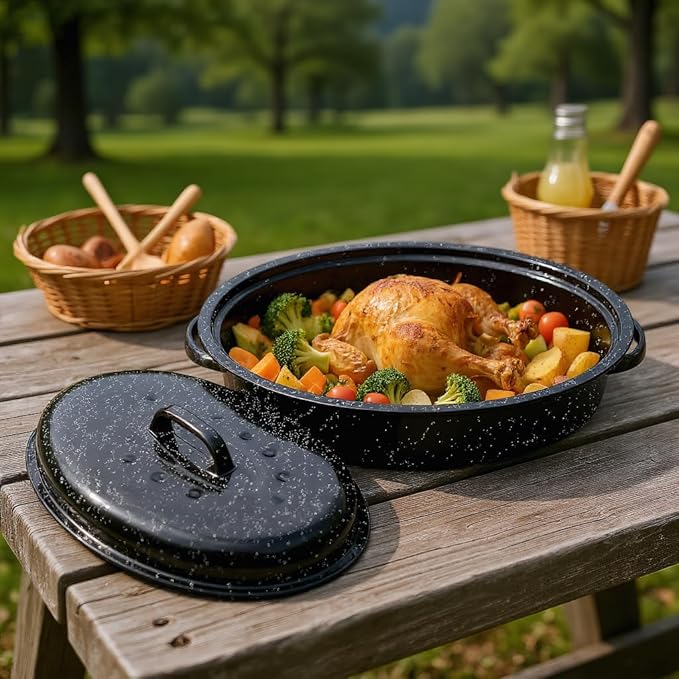 15"Oval Roasting Pan With Lid Small Chicken Roaster With 13.7in Inner Diameter Enamel Steel Roasting Pot Suitable for Outdoors Family Dinnerhigh Temperature Resistance Holiday Gifts