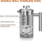 French Press Coffee Maker 34oz, Stainless Steel Double Wall Insulated, 3 Extra Filters & Coffee Spoon for Hot/Cold Brew, Durable Coffee Press for Home, Camping, Office - Silver
