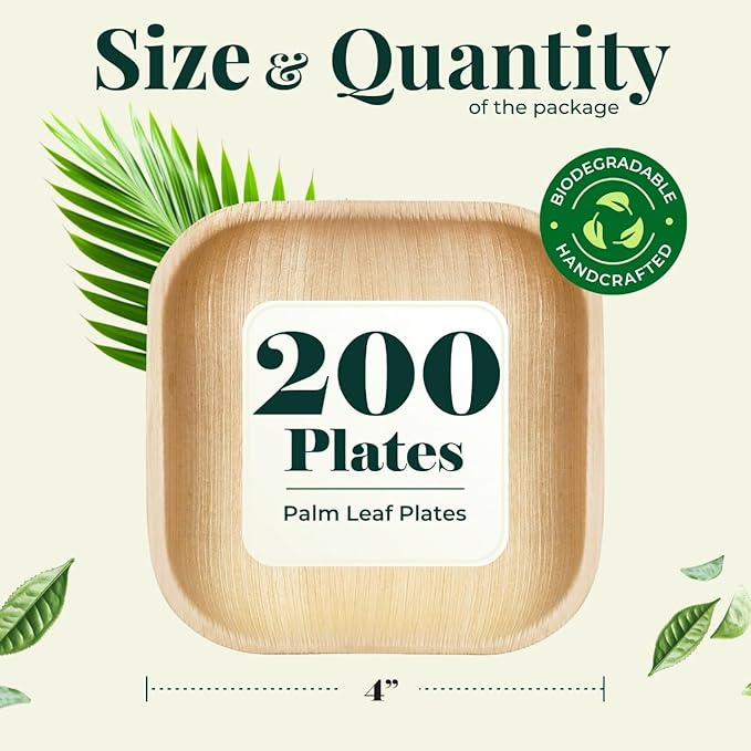 Palm Leaf Plates Bamboo Paper Disposable 4 Inch 200 Bulk Appetizer and Dessert Square Plate Party Pack Eco Biodegradable Compostable Wooden Better Than Plastic Plates By KoalaLove