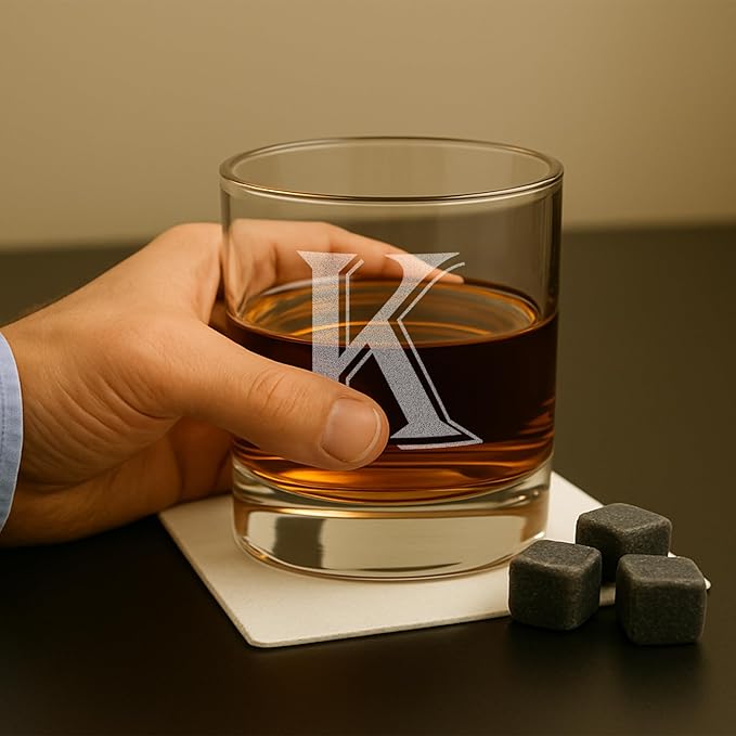 On The Rox Drinks (K-Monogram)- 4 Piece Set of 11 Ounce Engraved Heavy Base Rocks Whiskey Glasses Elegant Glass-Bourbon Multi-Purpose Beverage-Rocks Glass- Gift for any Occasion