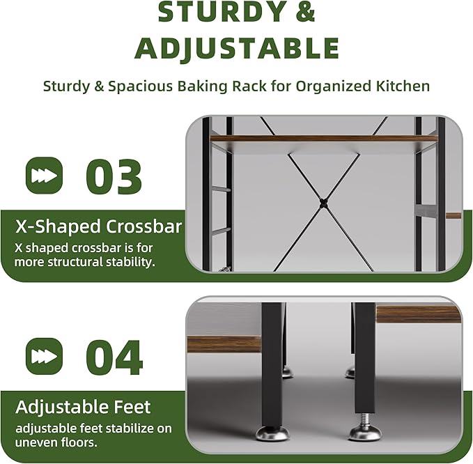 Baker’s Rack, Microwave Oven Stand with Bamboo Frame, 35.43" Coffee Bar with Wire Basket & 6 Hooks, 3-Tier Kitchen Storage Shelf Stand for Kitchen, Living Room, Office, Rustic Brown