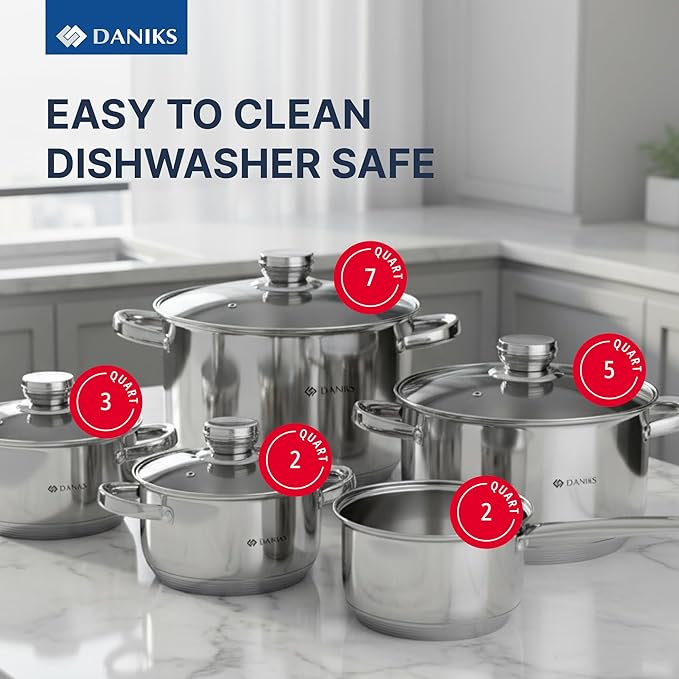 Daniks Standard 9-Piece Stainless Steel Induction Cookware Set, Saucepan, Dishwasher Safe Pots, Measuring Scale, Glass Lids, For Soup, Pasta, Stew, Silver