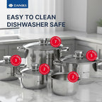 Daniks Standard 9-Piece Stainless Steel Induction Cookware Set, Saucepan, Dishwasher Safe Pots, Measuring Scale, Glass Lids, For Soup, Pasta, Stew, Silver