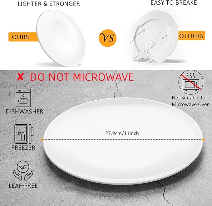 Melamine Restaurant Plates White 11 Inch Wide Side Flat Bottom Deep Round Dinner Plates Salad Plates Lunch Durable and Easy to Clean Set of 6,PYW-11-06