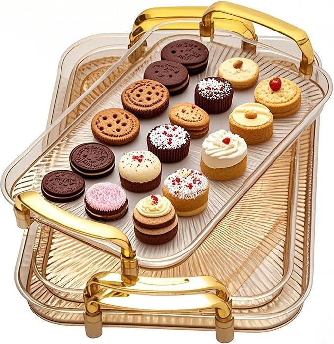 Serving Tray with Handles Set of 3 Rectangular Large Serving Platters 16.5/14.9/13.2 Inch White Plates for Dinner, Party, Entertaining, Amber