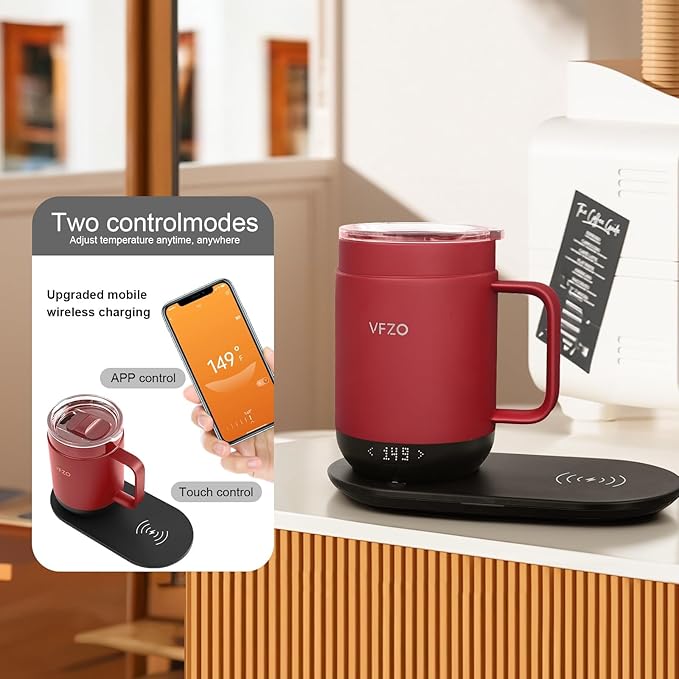 16Oz Temperature Control Smart Mug, Self Heating Coffee Mug LED Display, 180 Min Battery Life - Hot up to 149℉ Fast Wireless Charger Base Improved Design (16oz, Burgundy)