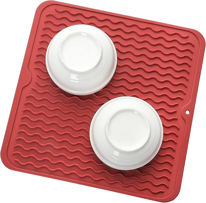 Silicone Dish Drying Mat for Multiple Usage,Easy clean,Eco-friendly,Heat-resistant Silicone Mat for Kitchen Counter or Sink,Refrigerator or Drawer liner Red M 12 inches x 12 inches