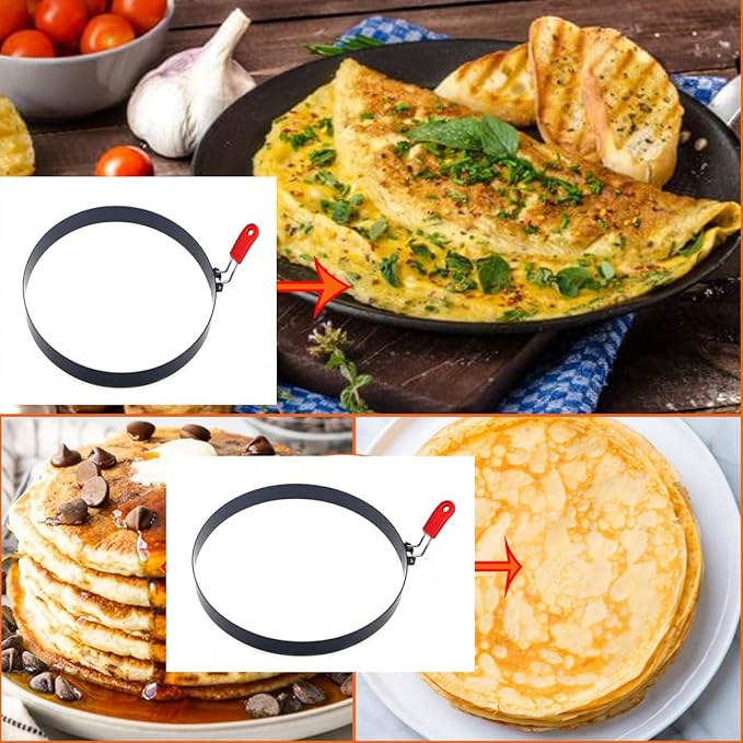 6 Pcs Professional Egg Ring Pancake Ring Set,8" Large Omelette Ring,6" Pancake Ring,4" Round Egg Ring, Non-stick Stainless Steel Egg Cooking Rings Set for Griddle Frying Eggs with Silicone Handle