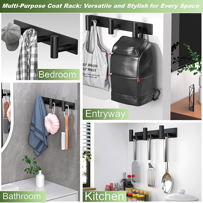 Wall Mounted Coat Rack-3 Hooks, Heavy Duty Stainless Steel Hook Rail for Towel Coat Hat Purse Bag Jacket, Towel Hooks for Entryway Bathroom Kitchen (Black 3 Hooks - 1 Pack)