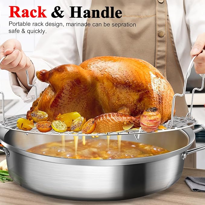 Roasting Pan, 21x13x11 Inch, Silver, Rectangular, Stainless Steel, 25LB Capacity, Turkey & Chicken Roaster with Rack and Lid