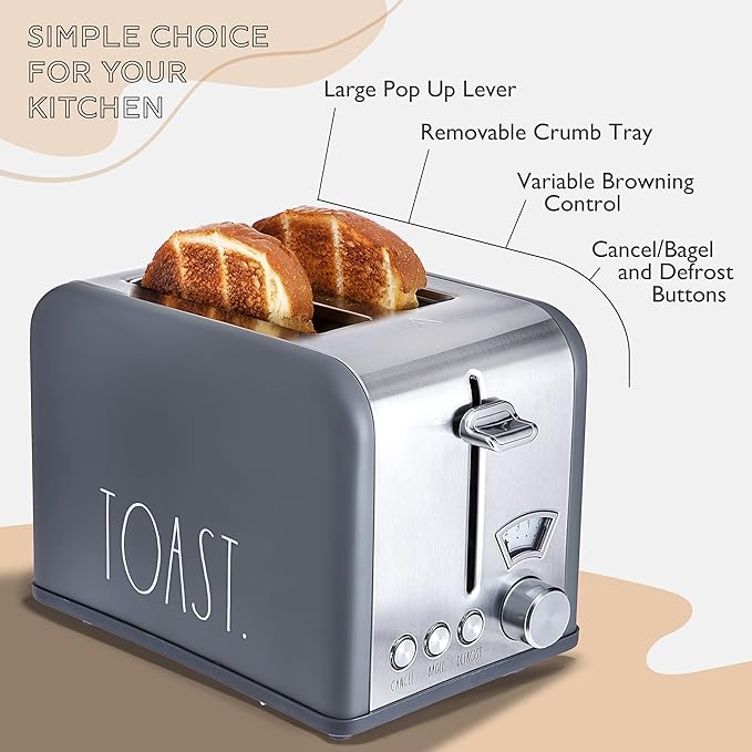 Rae Dunn Toaster, Stainless Steel 2 Slice Square Toaster, Wide Slot with 5 Browning Levels, with Bagel, Defrost and Cancel Options (Grey)