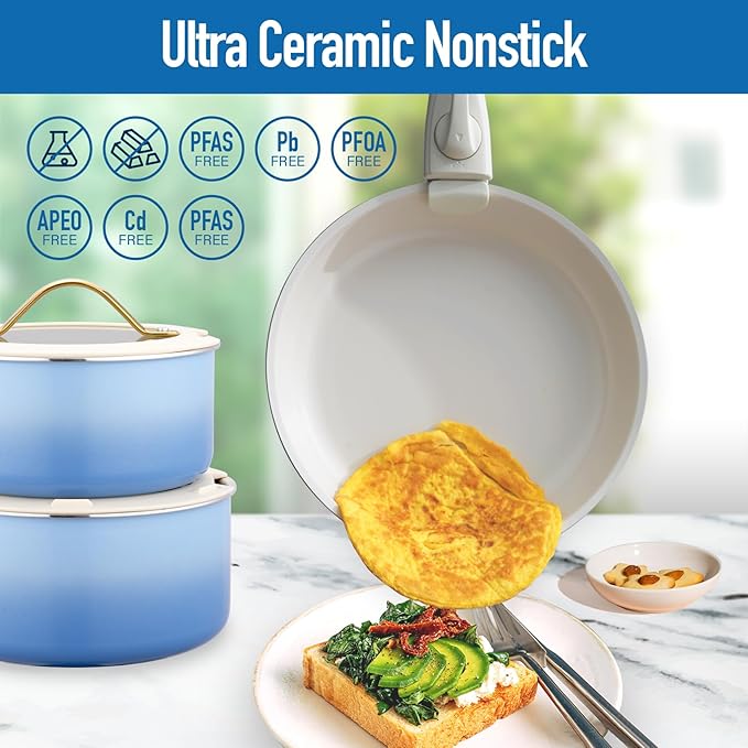 20pcs Ceramic Cookware Set Nonstick, Detachable Handle Pots and Pans Set, Non Toxic,No PFAS & PTFE & PFOA, Dishwasher/Oven Safe, RV Kitchen Set Removable Handle for Cooking, Blue