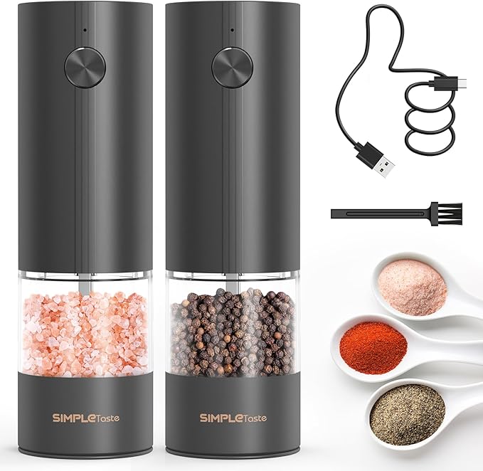 SIMPLETASTE Electric Salt and Pepper Grinder Set Rechargeable with LED Light and Dust Cover, Automatic Pepper Mill Shakers with Adjustable Coarseness, One Hand Operation for Kitchen, Dining, Gifting