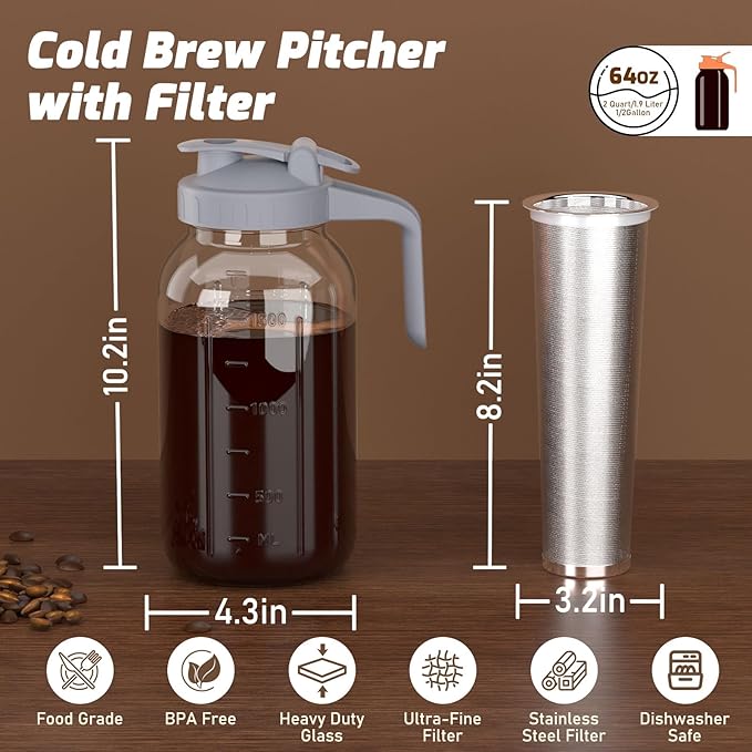 Cold Brew Coffee Maker Jar - 64oz Thick Glass Multipurpose Mason Pitcher Spout Lid with Handle & Stainless Steel Filter for Iced Coffee, Lemonade, Ice Tea, Homemade Fruit Drinks Container（2Pack）