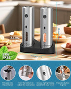 CIRCLE JOY Electric Salt and Pepper Grinder Set with Rechargeable Base Upgraded Stainless Steel Automatic Salt and Pepper Shakers with 2 Grinding Speeds, External Adjustment and 176ml Capacity, Silver