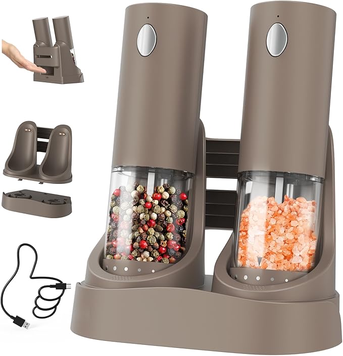 CIRCLE JOY Electric Salt and Pepper Grinder Set Automatic Salt and Pepper Grinder Set with Easy-to-Carry Charging Base and LED Light, USB Rechargeable, Upgrade External Adjustable Coarseness, Green