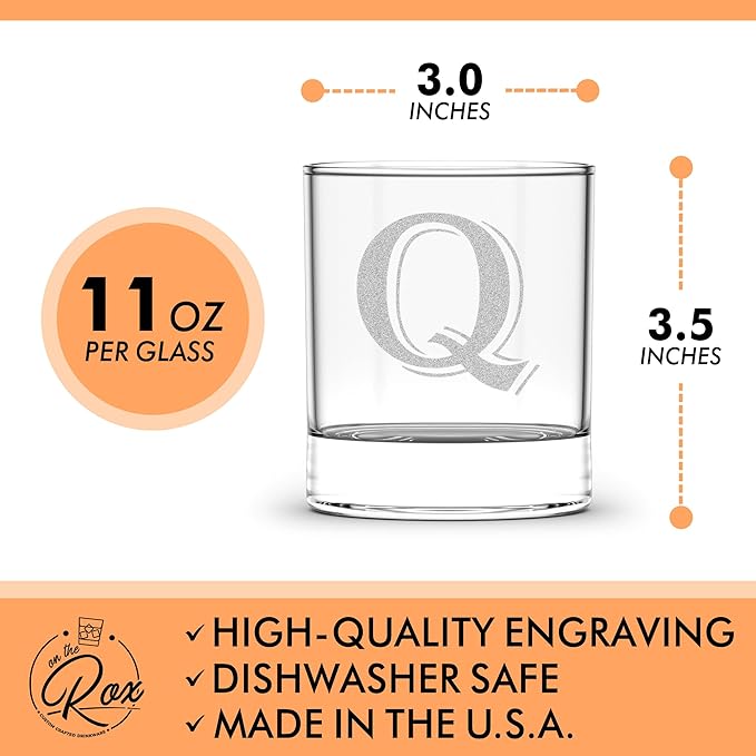 Monogrammed Gifts for Men - 4PC 11 Oz Custom Whiskey Glasses (Q-Monogram) - Engraved Whiskey Glasses - Personalized Whiskey Glasses - Unique Bourbon Glasses - Personalized Glass Gifts for Dad