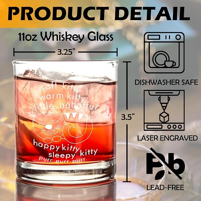 kunlisa Funny Cat Gifts Whiskey Glasses, Funny Cat Mom Dad Loves Owners Gifts for Women Men, 10 oz Drinking Rocks Glasses for Women Men Whisky Cocktail Scotch Bourbon Liquor
