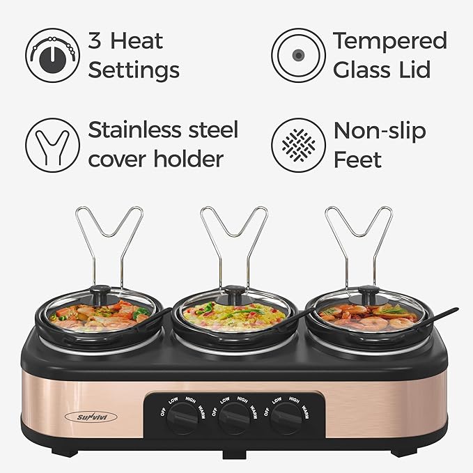 3 * 1.5 Quarts Triple Slow Cooker, Buffet Server & Warmer with 3 Removable Ceramic Pots, 3 Adjustable Temp Settings & 3 Metal Lid Rests, Stainless Steel, Copper