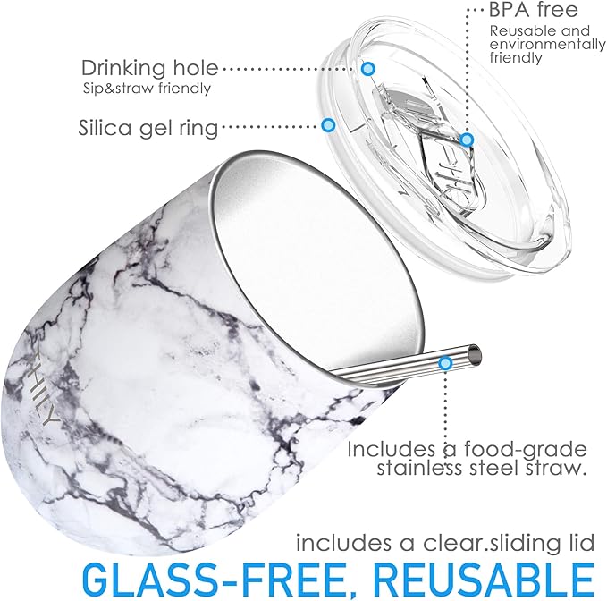 THILY Vacuum Insulated Stemless Wine Tumbler 12 oz Stainless Steel Wine Glass with Lid and Straw, Keep Drinks Cold or Hot, Christmas Birthday Gift, 2 Pack(White Marble + Black Marble)