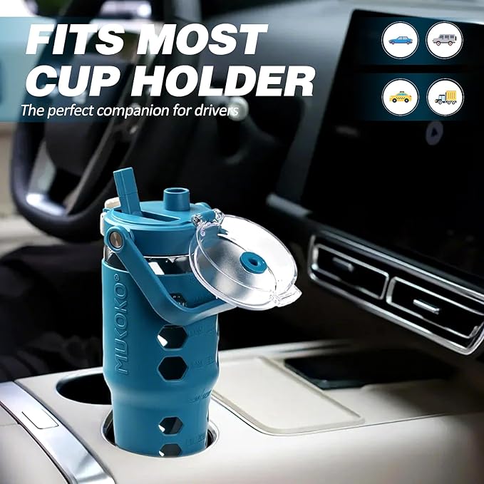 MUKOKO 32 oz Glass Tumbler with Straw,Glass Water Bottles with Time Marker,Iced Coffee Cup with Silicone Sleeve,Motivational Drinking Bottles,Leakproof-Steel Blue