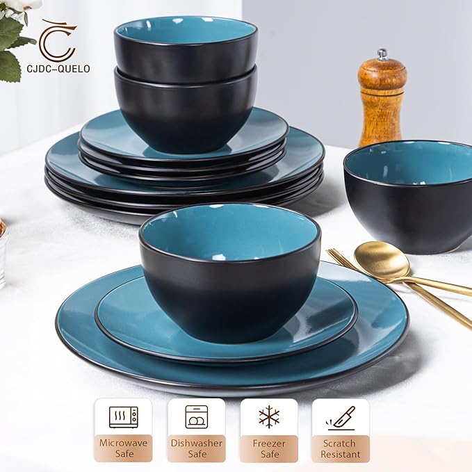 Plates and Bowls Sets for 4 - CJDC-QUELO 12-Piece Stoneware Dinnerware Sets, Ceramic Dishware Set for Indoor Kitchen Use and Formal Dining, Chip and Scratch Resistant Microwave Dishwasher Safe
