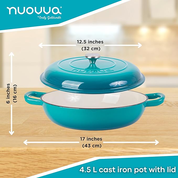 Shallow Cast Iron Casserole with Lid – Non Stick Dutch Oven Pot, Oven Safe up to 500° F – Sturdy Ovenproof Stockpot Cookware – Enamelled Cooking Pot – Teal, 5-Quart, 32cm – by Nuovva