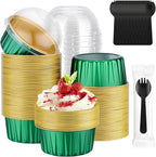 EUSOAR Cupcake Liners and Sporks Individually Wrapped, 120pcs 5oz Disposable Ramekins Aluminum Mini Muffin Pans with Lids, Foil Baking Cups Creme Brulee Holders for Picnic Wedding Birthday Gathering