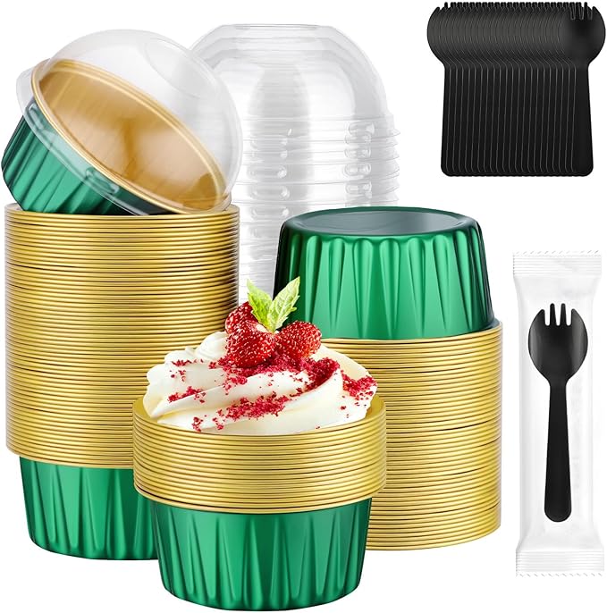 EUSOAR Cupcake Liners and Sporks Individually Wrapped, 120pcs 5oz Disposable Ramekins Aluminum Mini Muffin Pans with Lids, Foil Baking Cups Creme Brulee Holders for Picnic Wedding Birthday Gathering