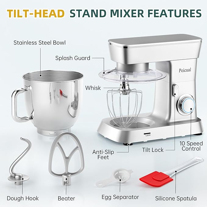 Stand Mixer, 6QT 10+P Speed Tilt-Head Kitchen Electric Mixer, Food Mixer with Stainless Steel Bowl, Dough Hook, Flat Beater, Wire Whisk, Splash Guard for Daily Use - Silver