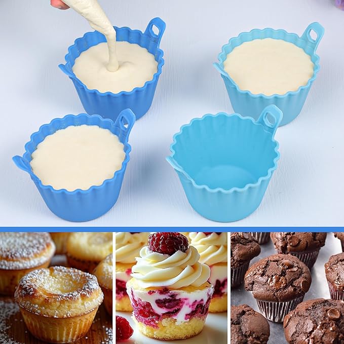 Koluti Reusable Silicone Baking Cups Set of 4, Nonstick Muffin Cupcakes Mold with Double Handle, BPA Free, Small Round Air Fryer Cupcake Liners, 2 Color