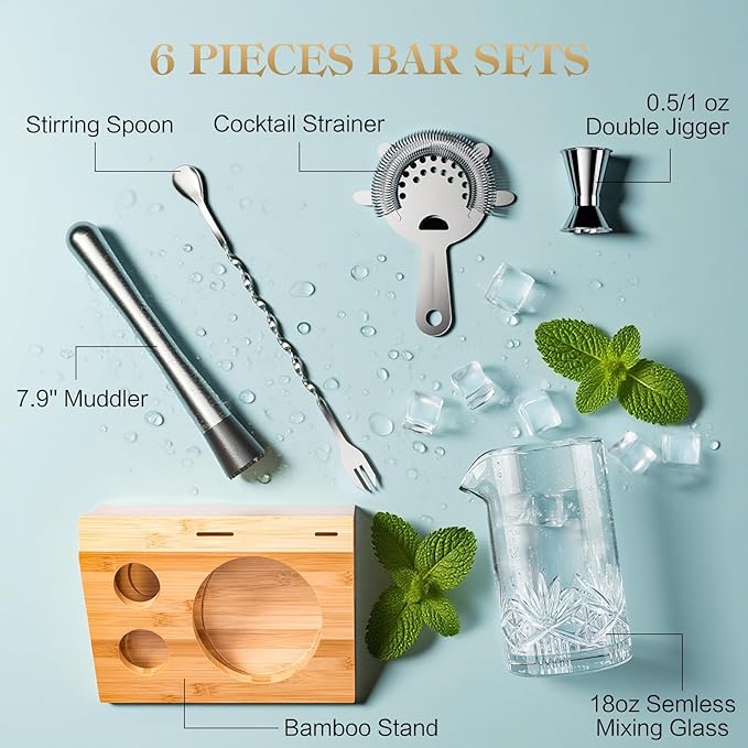 Cocktail Mixing Glass, veecom 6 Piece Crystal Bar Mixing Glass Bartender Set with Bamboo Stand, 18oz Old Fashioned Kit Cocktail Beaker Glass Set with Strainer, Muddler, Spoon, Jigger