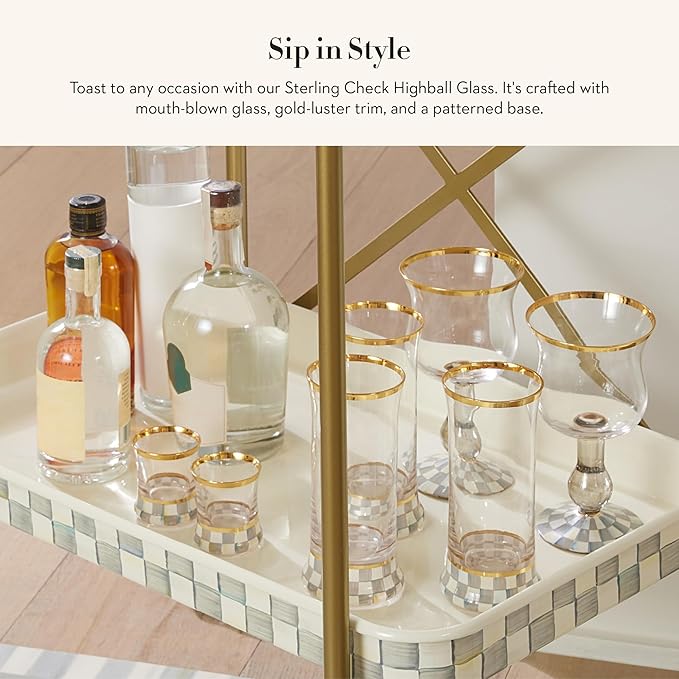 MACKENZIE-CHILDS Highball Glasses, Tall Drinking Glasses with Gold Rims, 15 Ounces, Set of 2, Gray-and-White Sterling Check