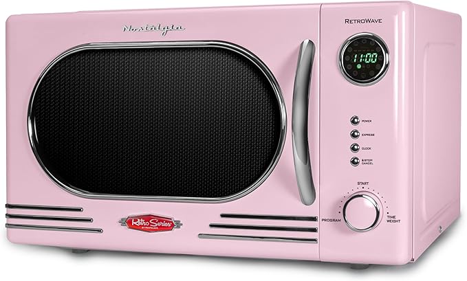Nostalgia NRMO11PK6A 1000 Watt Power Retro Countertop Microwave Oven Easy to Clean with Removable Glass Turntable-Child Safety Lock-12 Programs-Digital Clock, 1.1 Cu. Ft, Pink