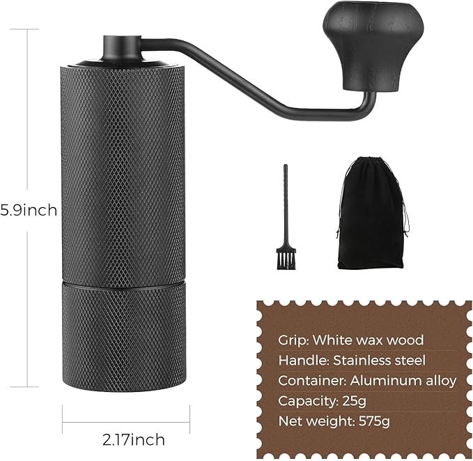 Manual Coffee Grinder CNC Stainless Steel 7 Star Conical Burr Coffee Grinder Hand with12 gears Adjustable Coarseness For Espresso, Drip Coffee, French Press Capacity 25g Portable Coffee Bean Grinder