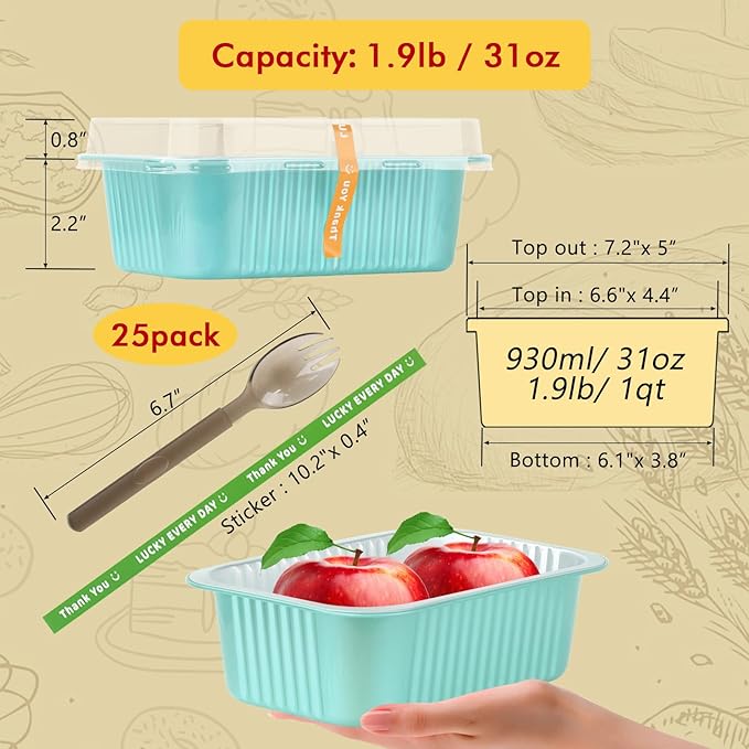 LNYZQUS 30oz Small Baking Pans with Lids 25 Pack, 7” x 5” Aluminum Foil Containers Individual Cake Tins, Heavy Duty Takeout Leftover Containers Meal Prep Holders for Oven-Blue