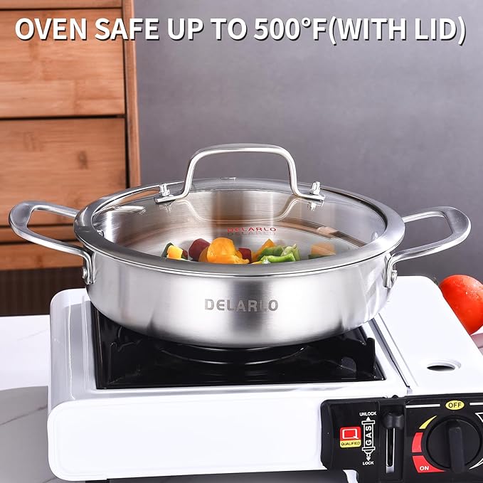 DELARLO Tri-Ply Stainless Steel 3QT Saute Pan With Lid, 12 Inch Deep Frying Pan, Induction Large Skillet, Cooker Pan, Dishwasher & Oven Safe
