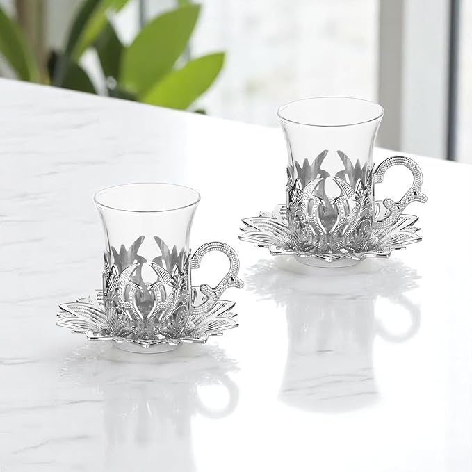 Alisveristime (Set of 2 Turkish Tea Set with Zamac Holders, Glass Cups, and Saucers – Ahsen Ottoman Design, 100ml Capacity, Available in Gold or Silver Color (Silver)
